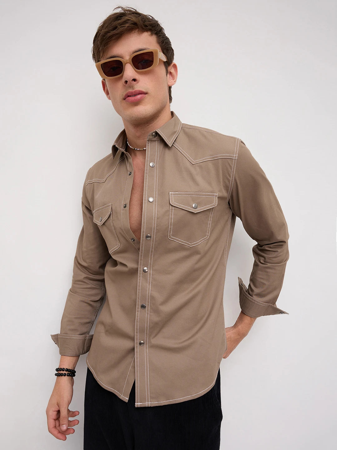 Taupe Contrast Stitch Twin Pocket Shirt