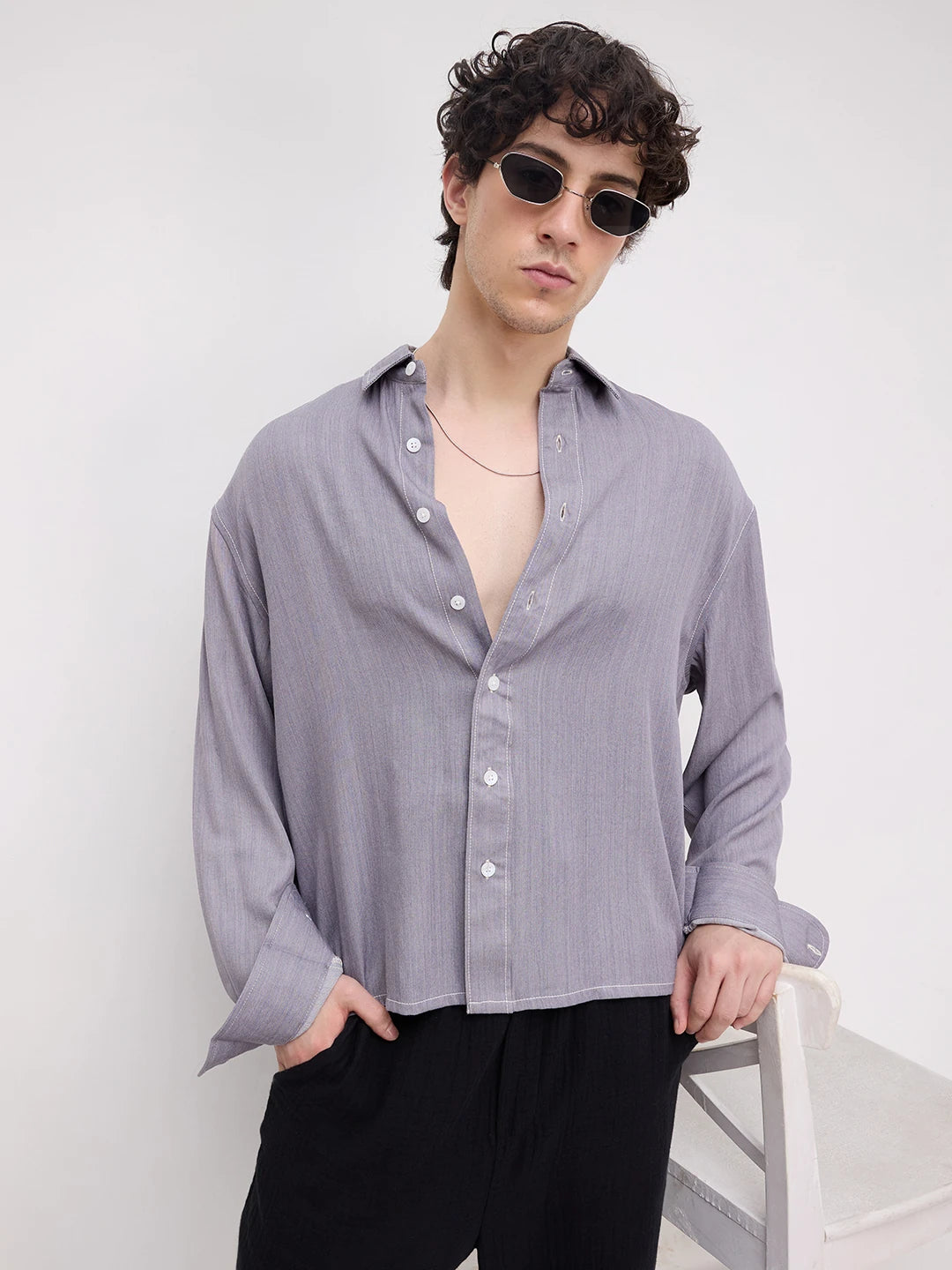 Rich Graphite Grey Softgrain Weave Boxy Fit Crop Shirt