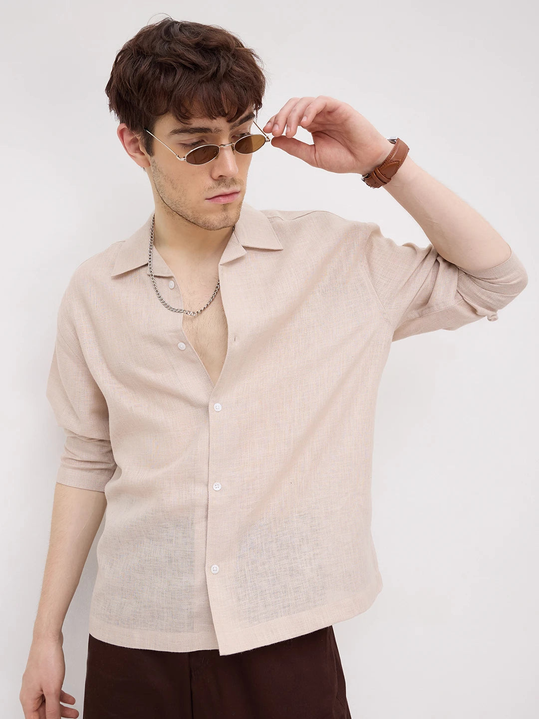 Soft Khaki Sheer Textured Notch Collar Oversized Vacation Shirt