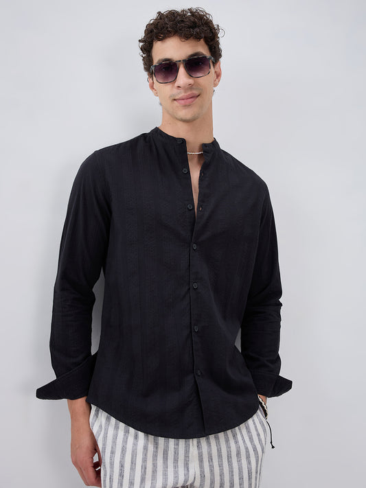 Jet Black Seersucker Striped Mandarin Shirt