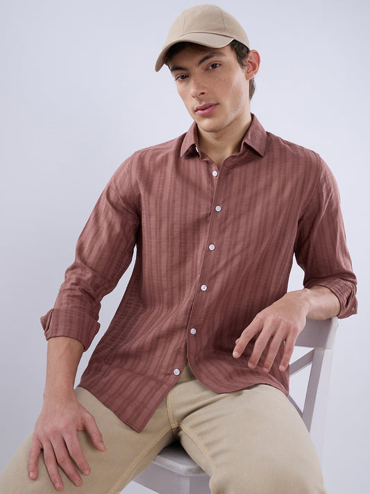 Cinnamon Brown Textured Striped Shirt