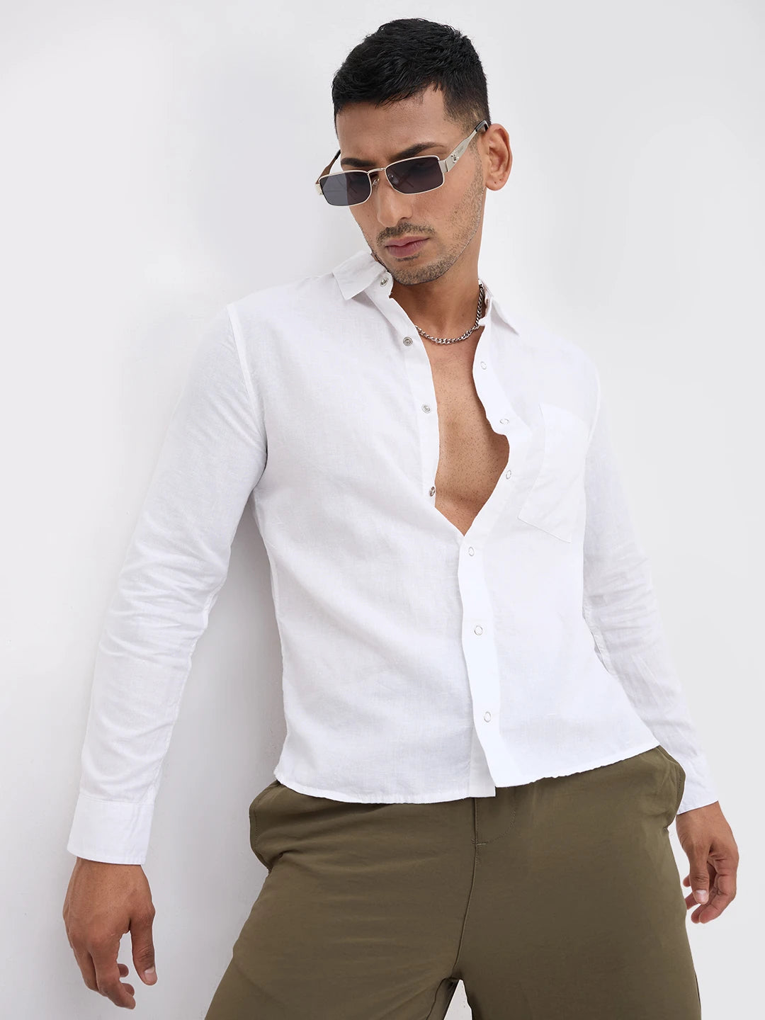 Solid Chalk White Straight Hem Crop Shirt