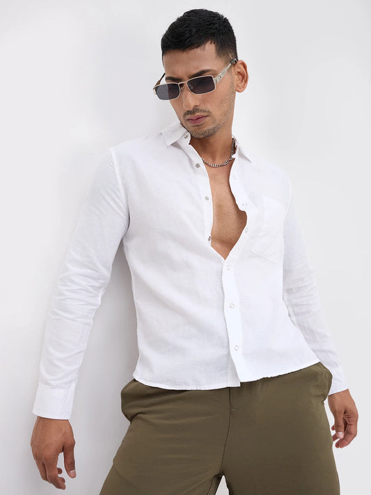 Solid Chalk White Straight Hem Crop Shirt