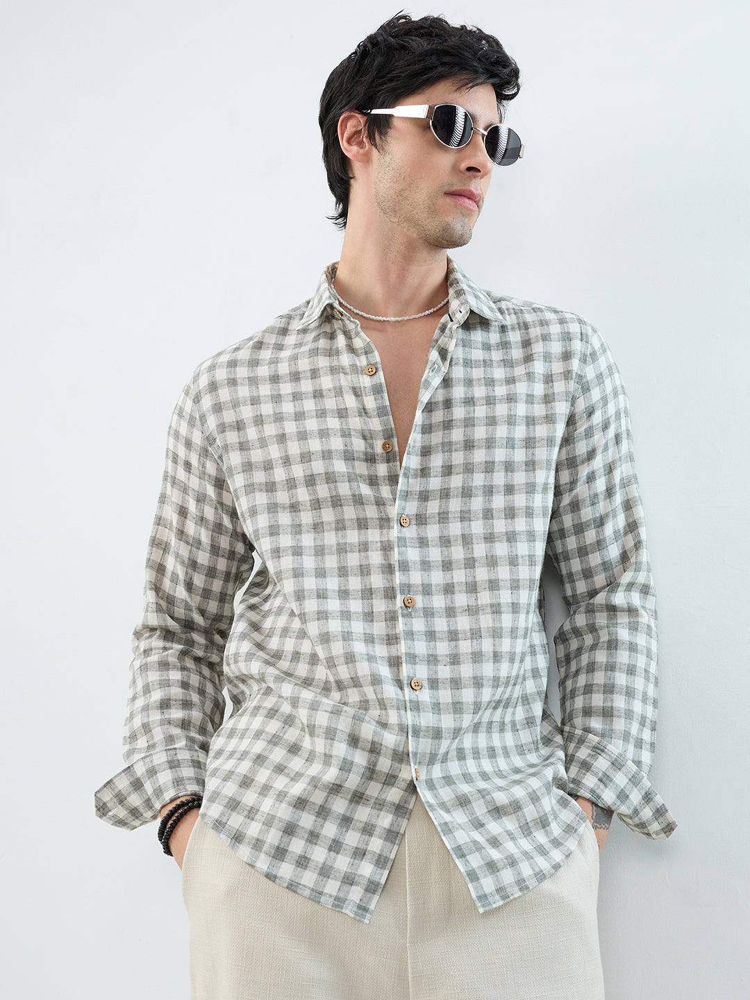 Mist Green Linen Blend Checks Shirt