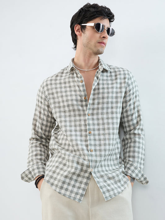 Mist Green Linen Blend Checks Shirt