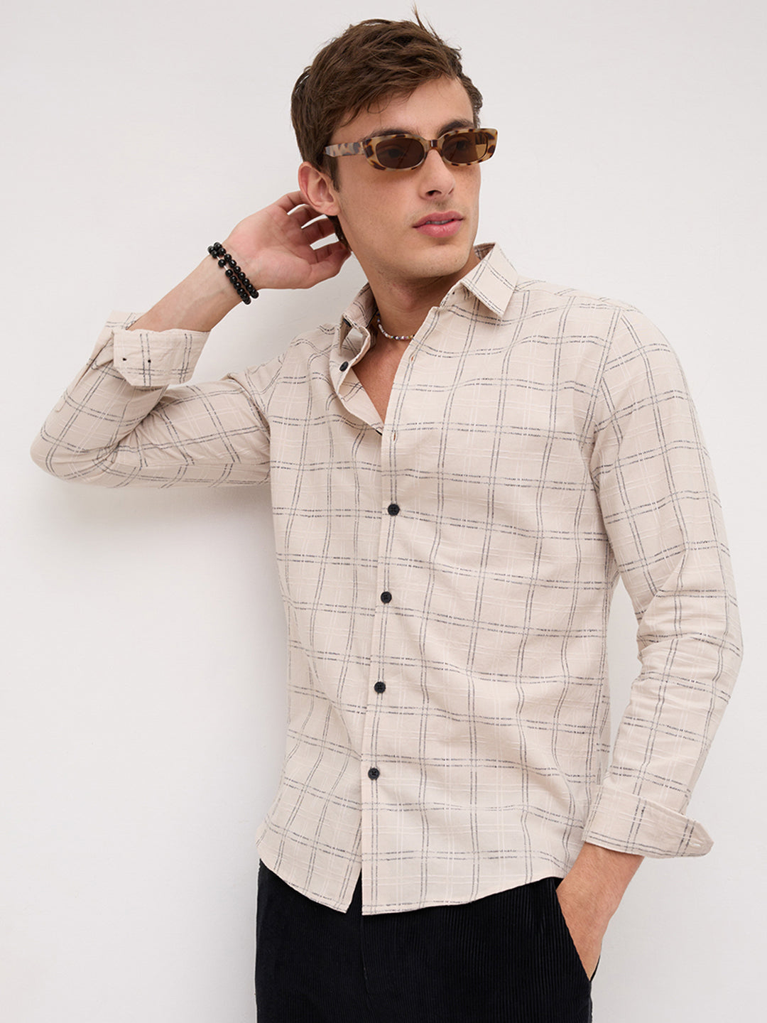 Beige & Black Gridline Graph Textured Checks Shirt
