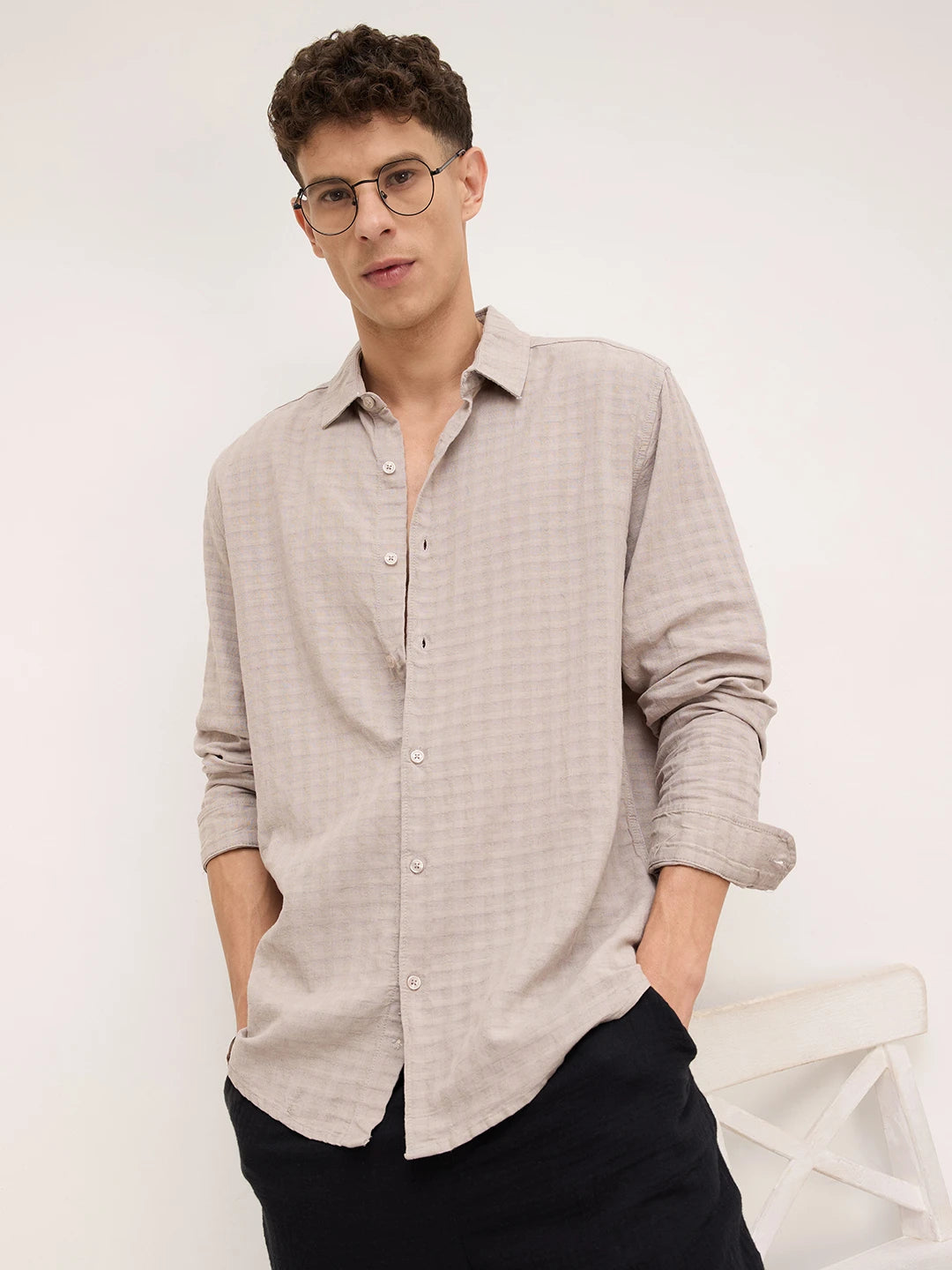 Grey Horizontal Striped Textured Shirt