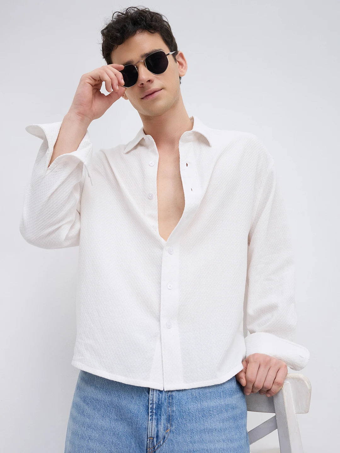 Frost White Diamond Textured Boxy Fit Crop Shirt