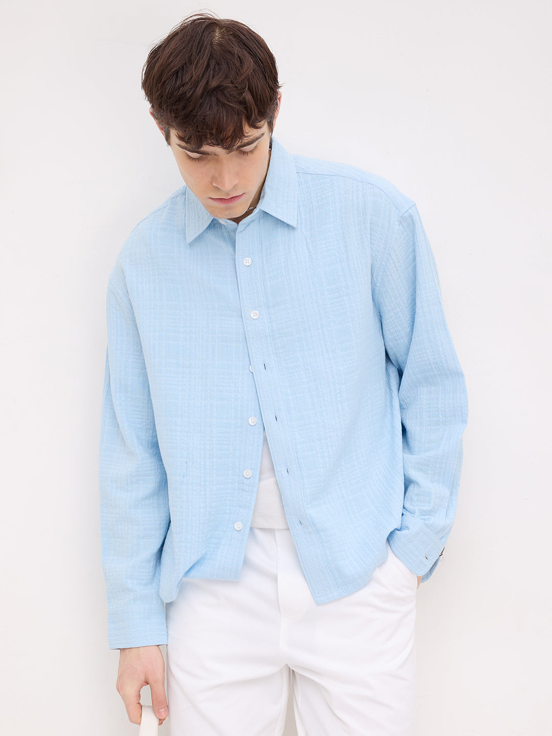Ice Blue Geometrical Textured Boxy Fit Crop Shirt
