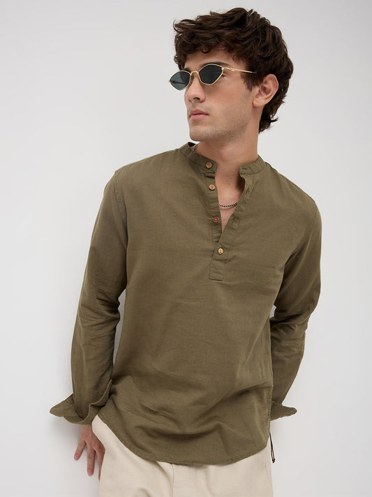 Luxe Olive Fine Sheer Linen Blend Kurta