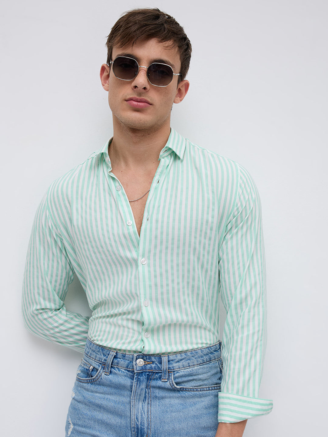 Mint Breeze Candy Striped Vacation Shirt