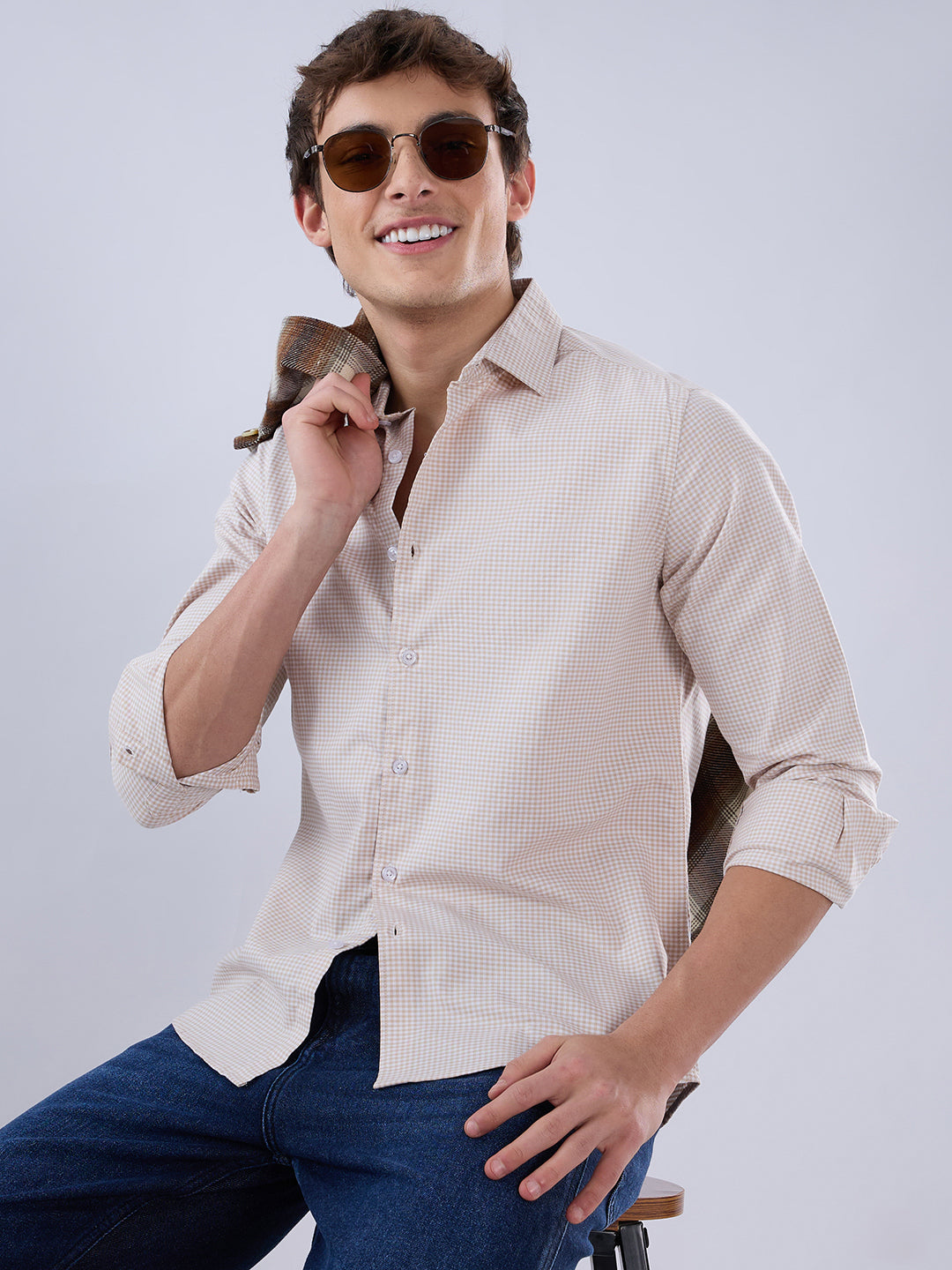 Warm Beige Micro Gingham Checks Oxford Shirt