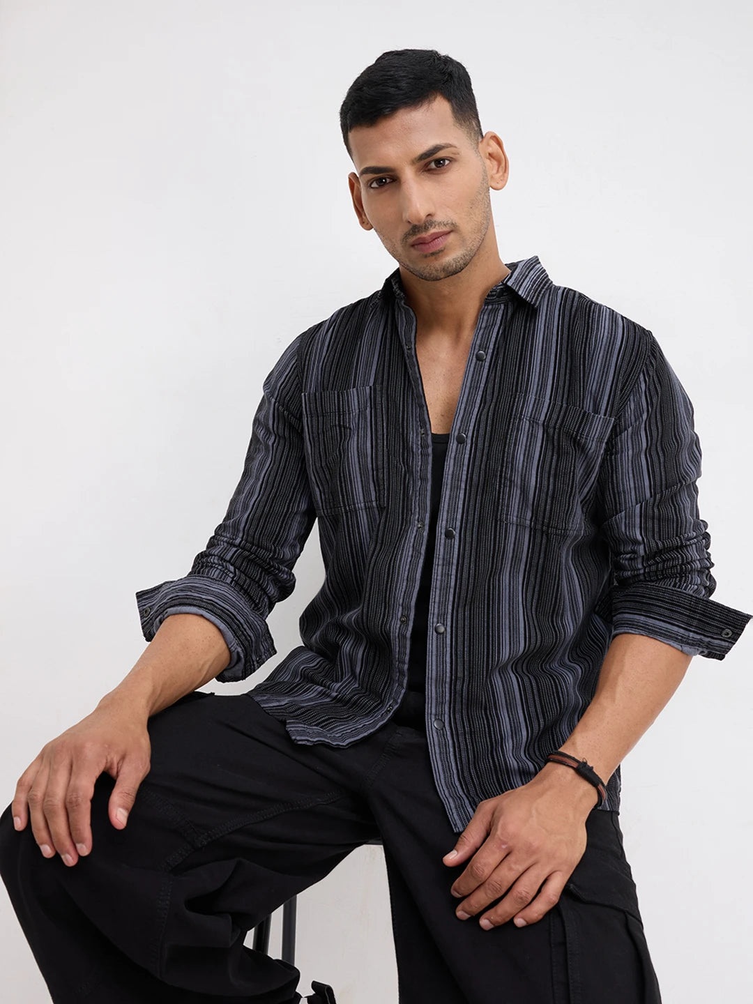 Graphite Striped Double Pocket Corduroy Shirt