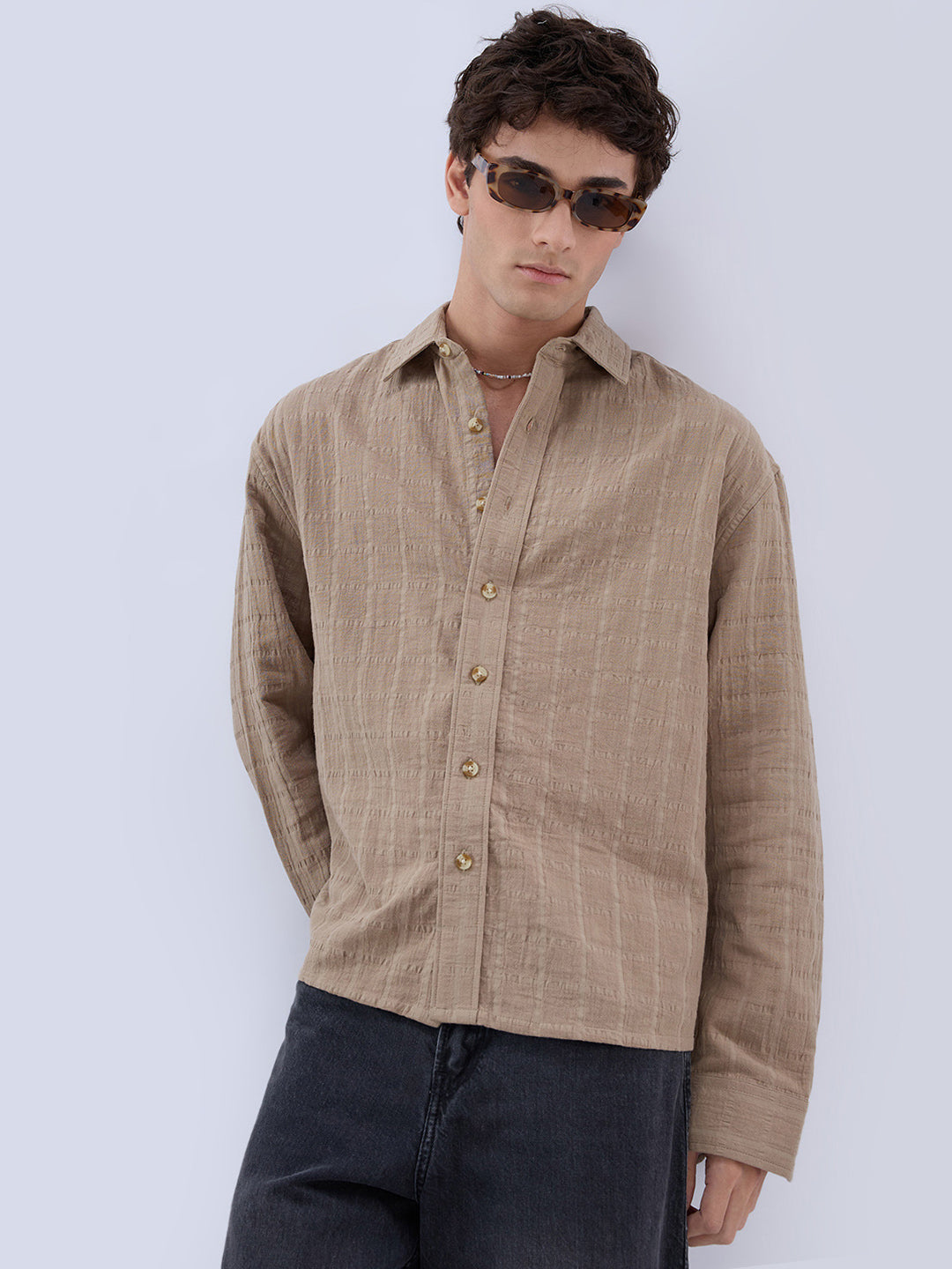 Khaki Grid Textured Story Boxy Fit Crop Shirt