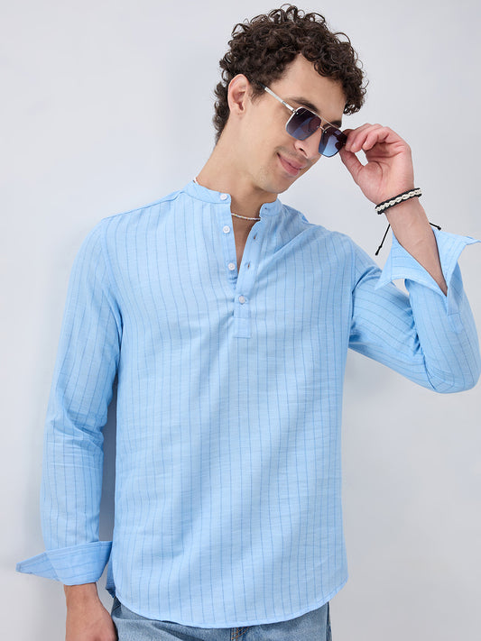Baby Blue Ladder Striped Subtle Textured Kurta