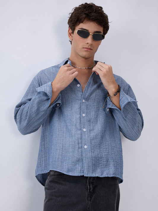 Slate Blue Textured Boxy Fit Crop Shirt