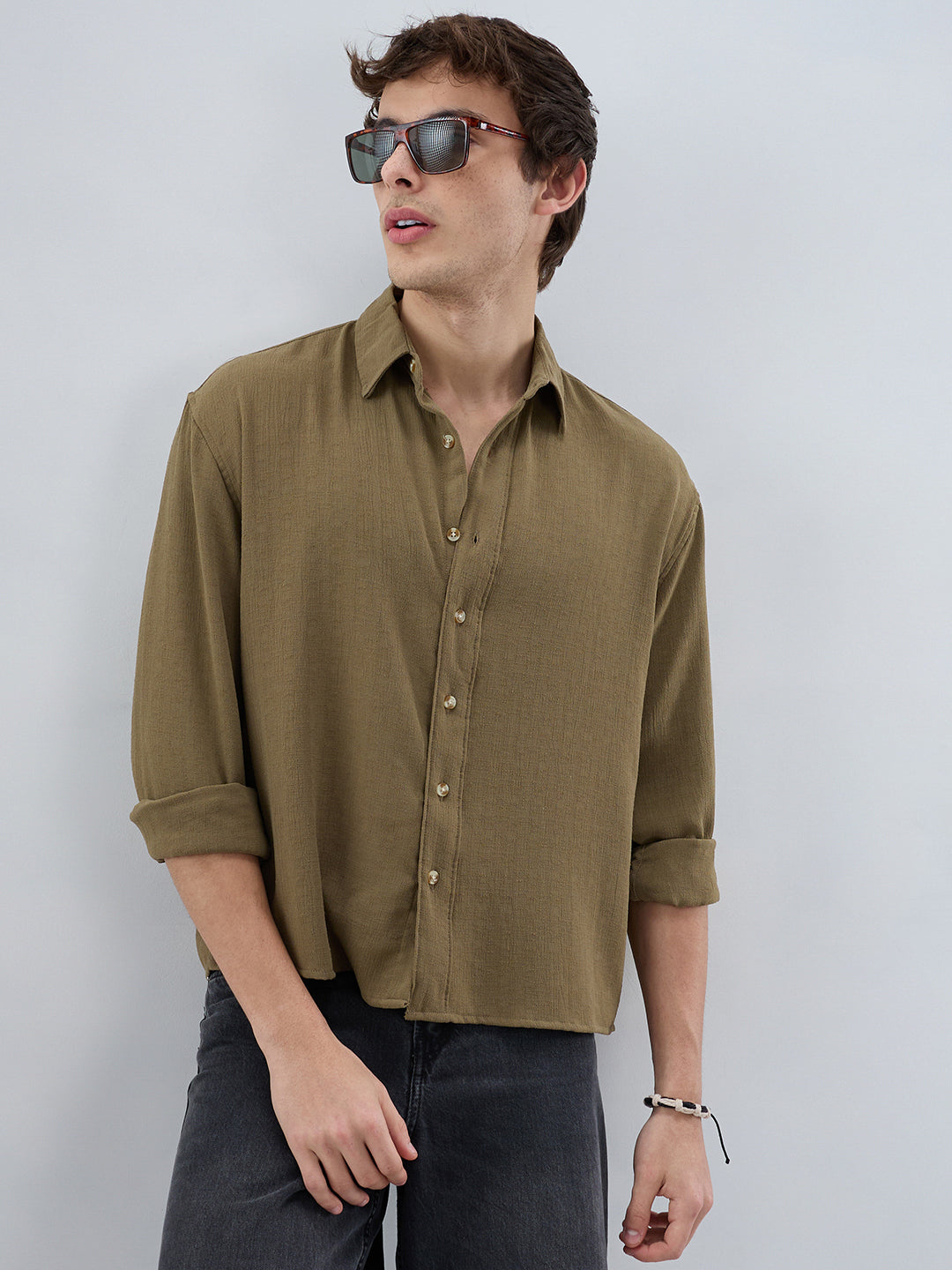 Pickle Olive Textured Boxy Fit Crop Shirt