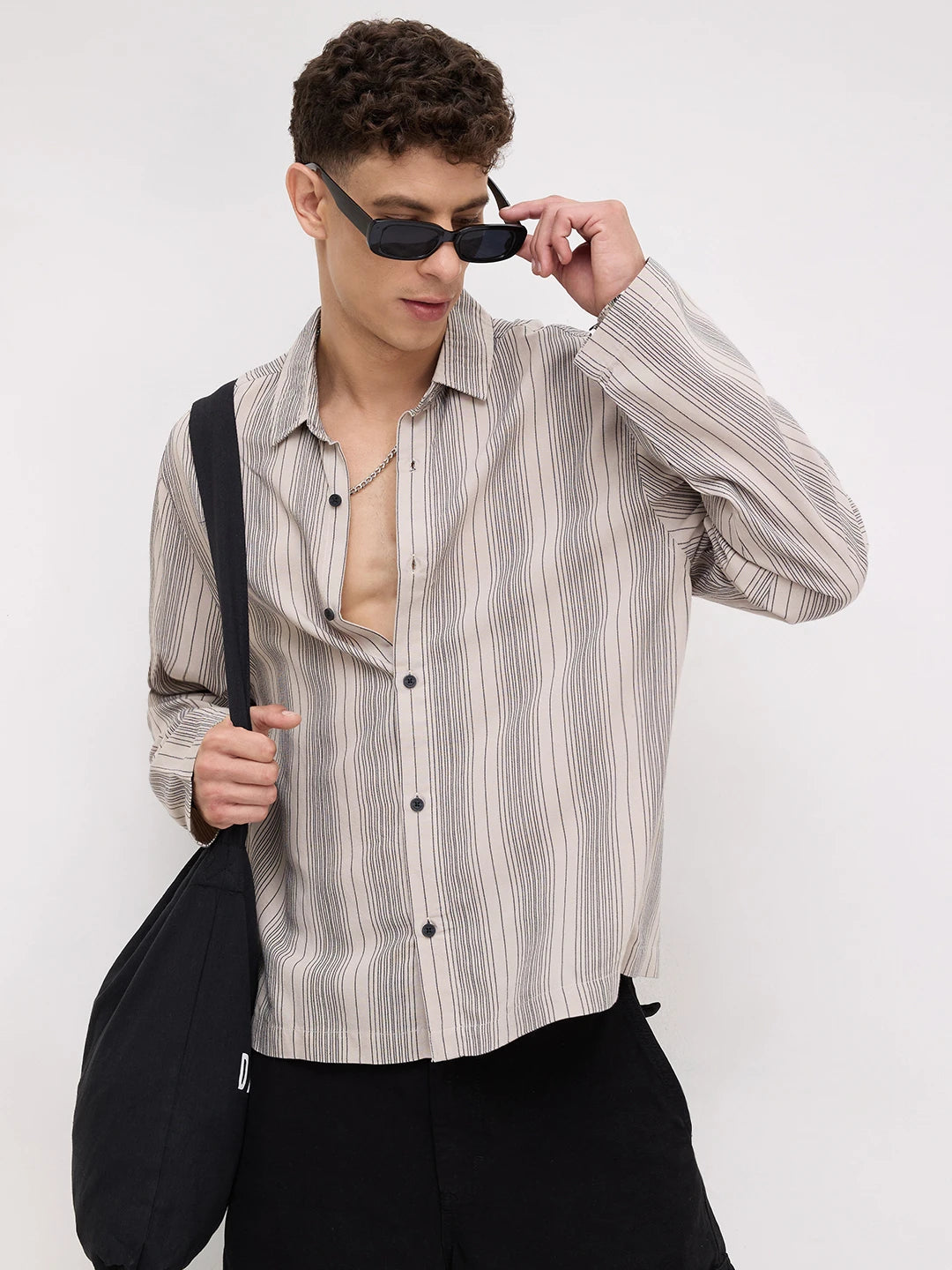 Soft Taupe Beige Striped Cuffless Oversized Shirt