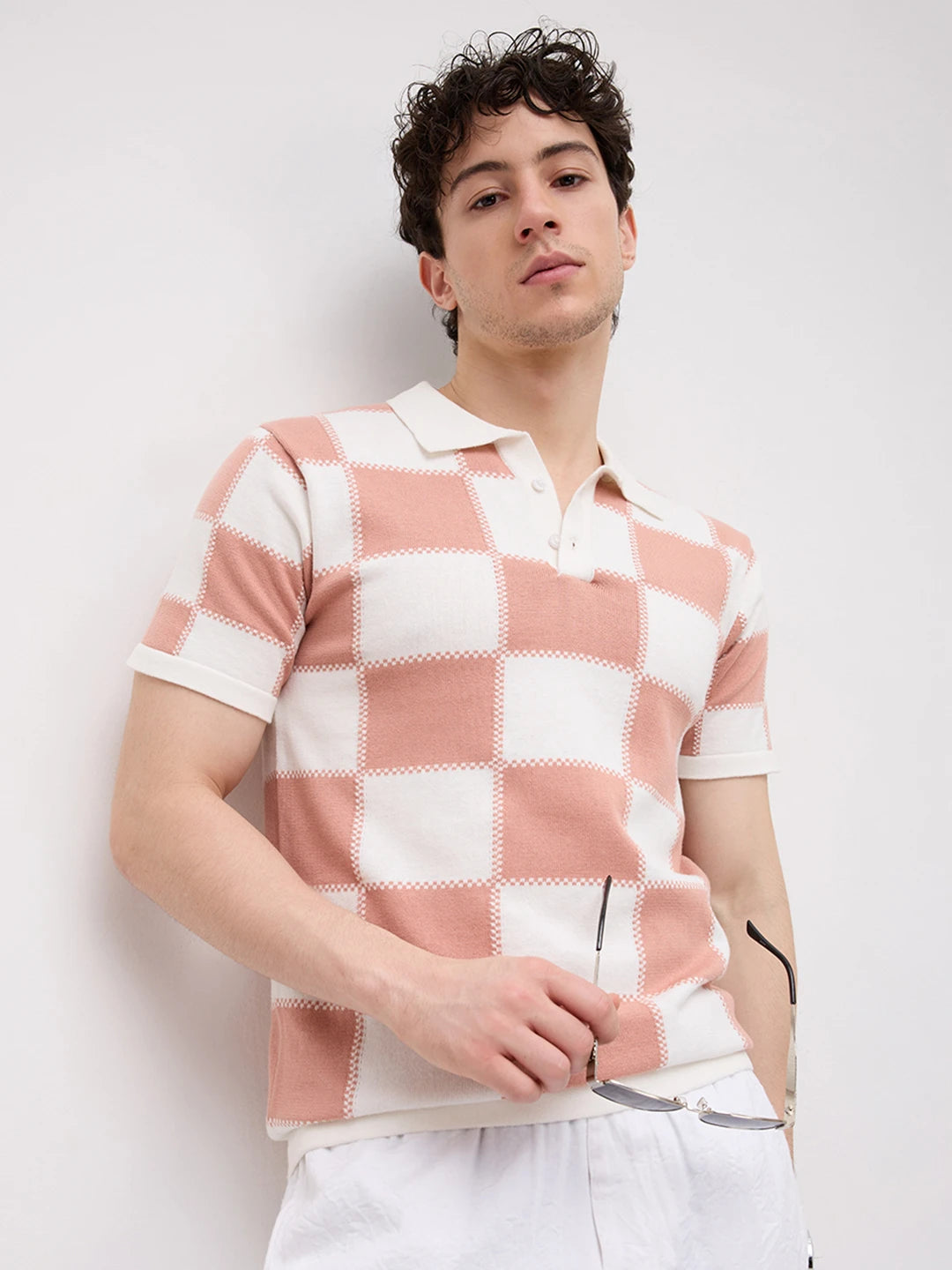 Scalloped Soft Peach Block Checks Polo Flat Knit T-shirt
