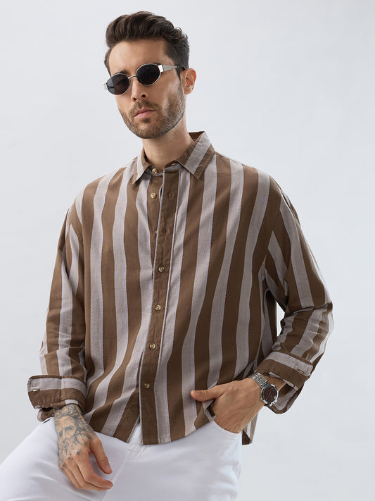 Mud Brown Bold Striped Boxy Fit Crop Shirt