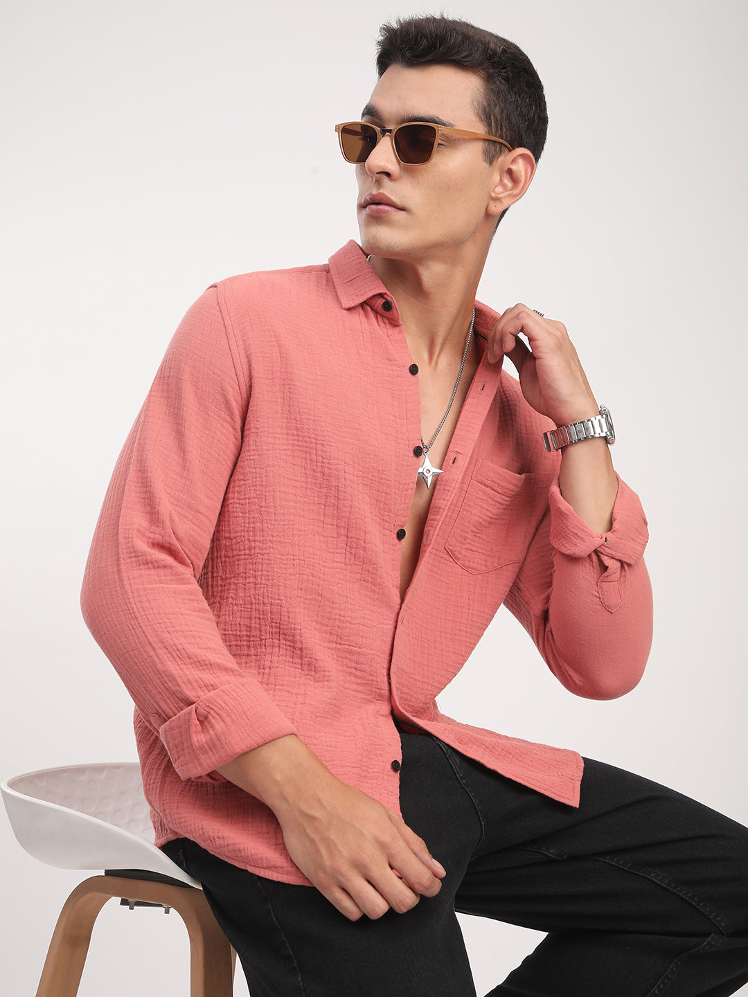Coral Crinkled Double Cloth Shirt
