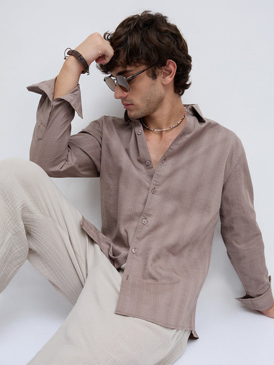 Muted Taupe Elevated Grid Detail Textured Shirt