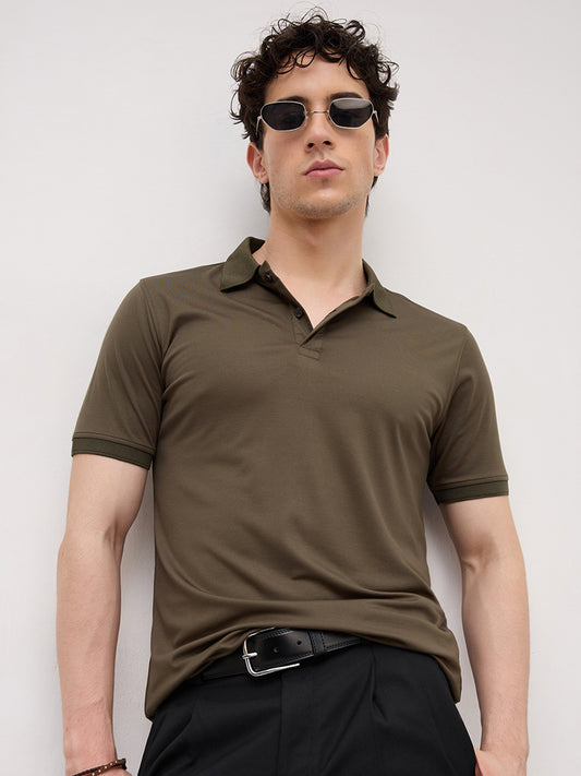Plush Olive Honeycomb Polo Collar Knit T-Shirt