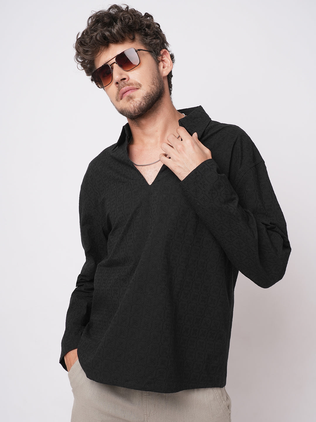 Black Petal Grid Embroidered Polo Neck Oversized Shirt