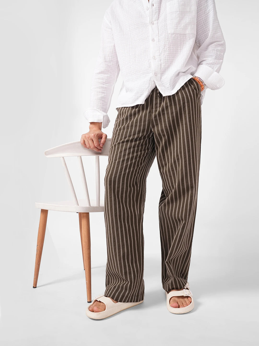 Olive Artisan Fine Embroidered Seersucker Striped Straight Fit Trousers