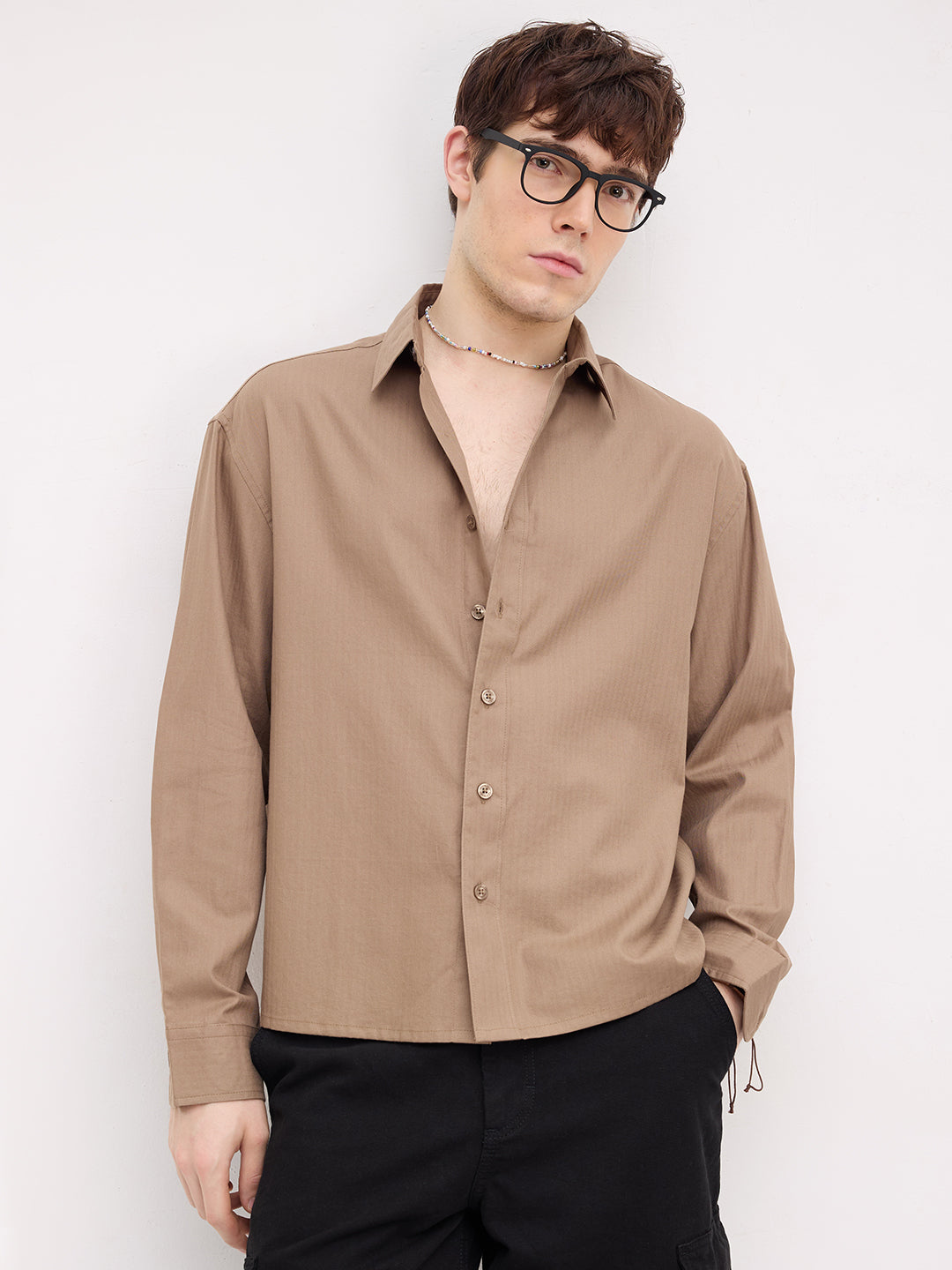 Deep Khaki Herringbone Textured Boxy Fit Crop Shirt