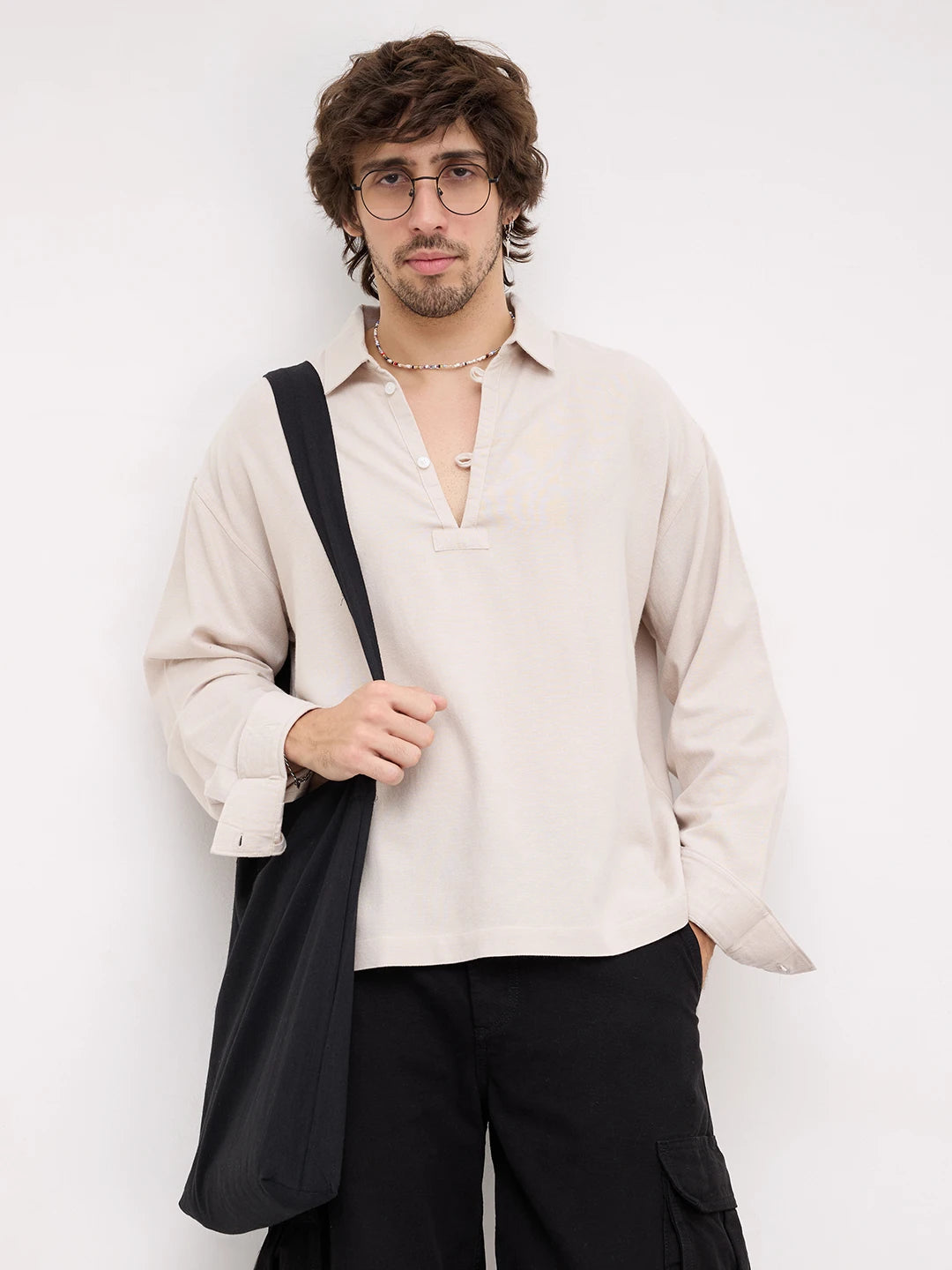 Iconic Beige Loop Button Oversized Shirt