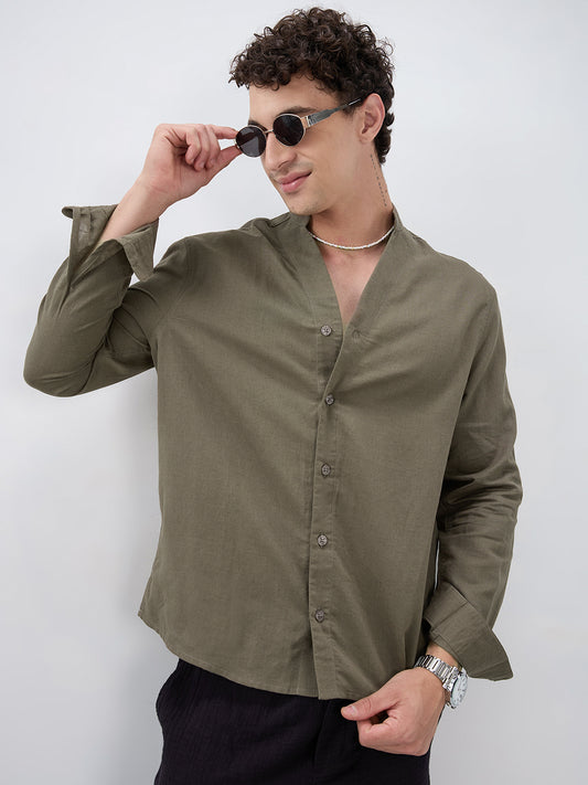 Solid Olive Stand Collar Linen Blend Oversized Shirt