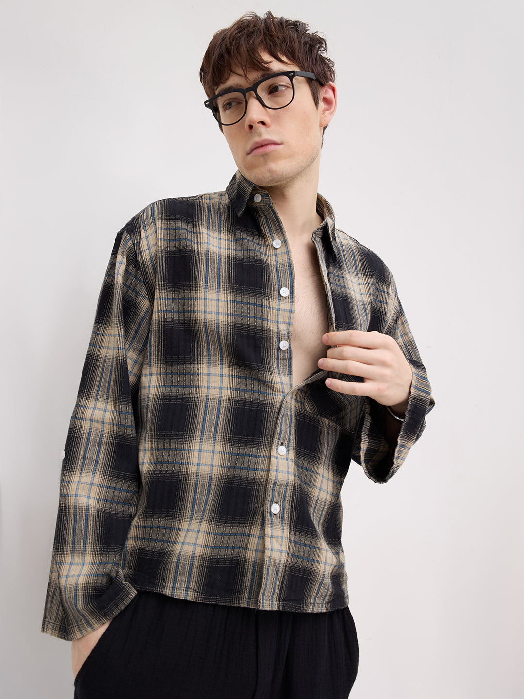 Rich Black & Blue Plaid Checks Cuffless Oversized Crop Shirt