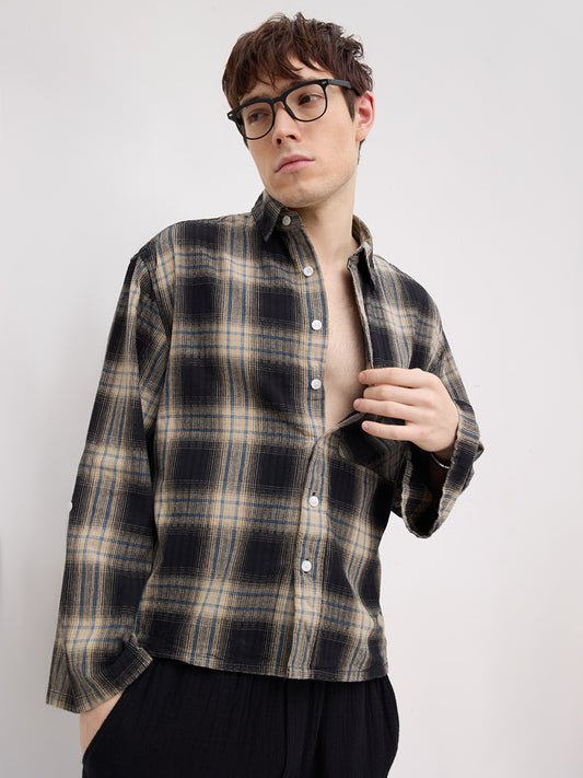 Rich Black & Blue Plaid Checks Cuffless Oversized Crop Shirt