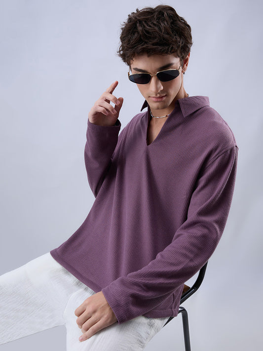 Dusty Purple Micro Weave Knitted Oversized Polo Shirt