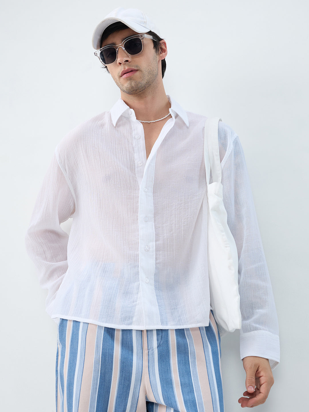 Pure White Classic Sheer Crepe Boxy Fit Crop Shirt