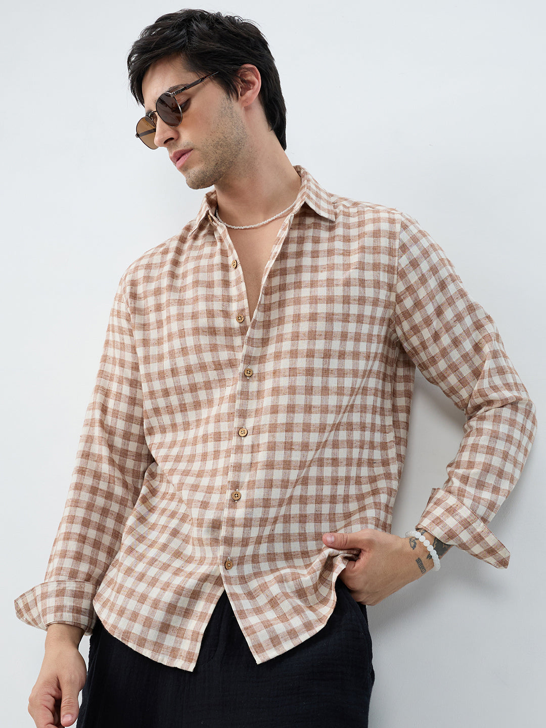 Brown Square Checks Linen Blend Shirt
