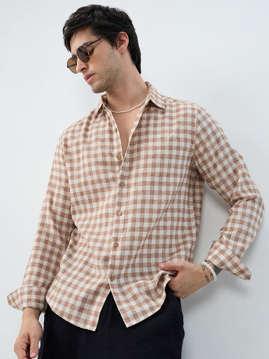 Brown Square Checks Linen Blend Shirt