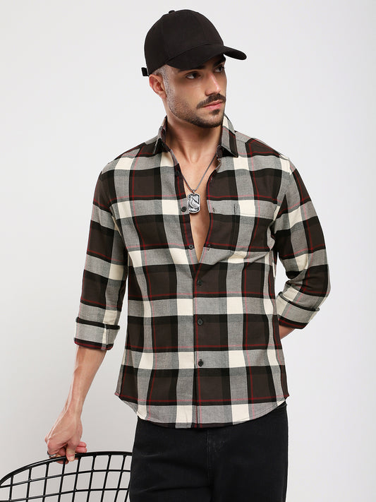 Premium Cotton Coffee Brown & White Plaid Checks Shirt
