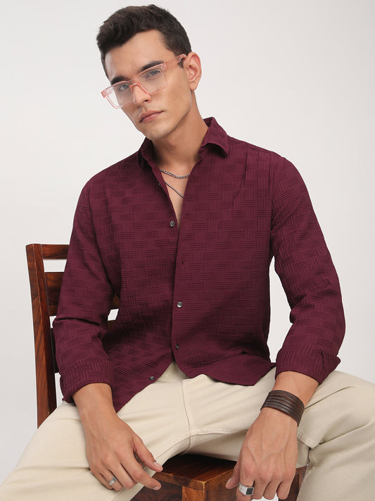Wine Self Design Textured Shirt