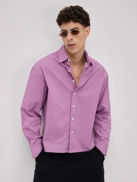 Crushed Fuchsia Pink Textured Boxy Fit Crop Shirt