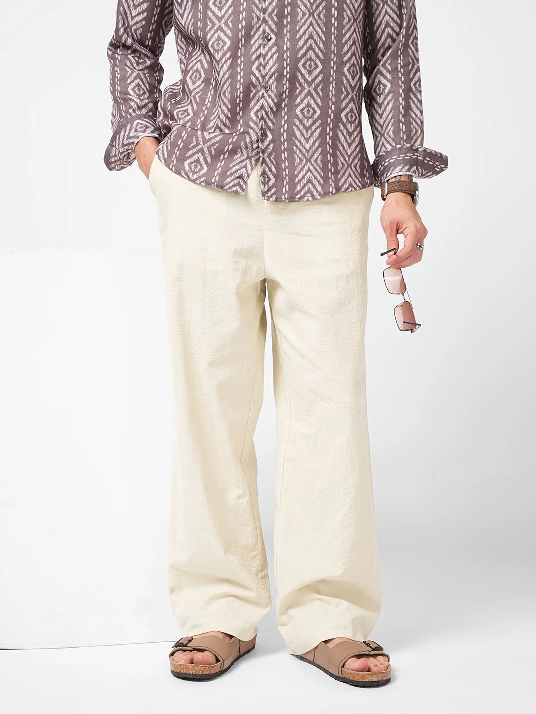 Natural Beige Seersucker Straight Fit Trousers