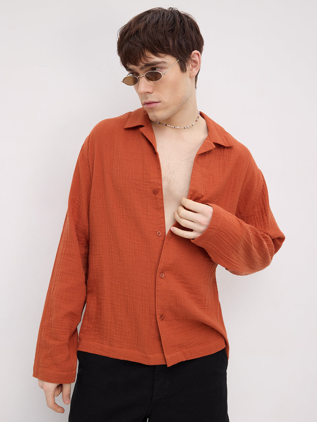 Firey Rust Double Cloth Notch Collar Oversized Shirt