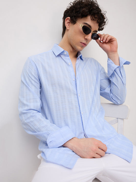 Powder Blue Sheer Windowpane Checks Textured Weave Shirt