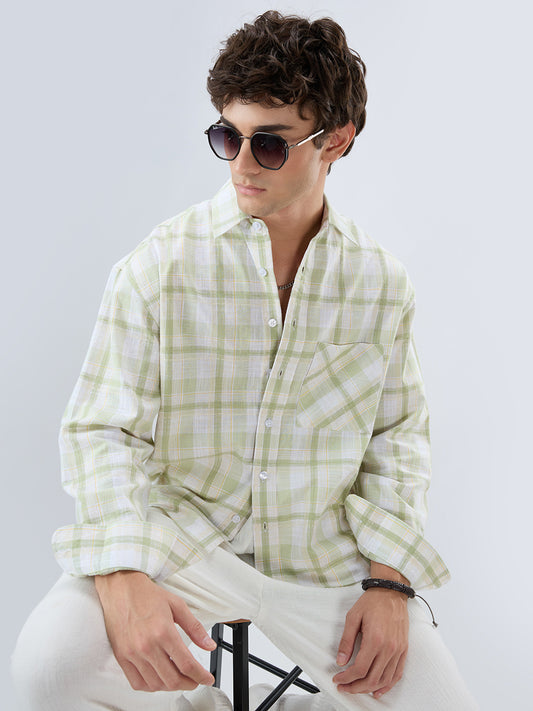 Premium Spring Green Fine Weave Linen Blend Boxy Fit Crop Shirt