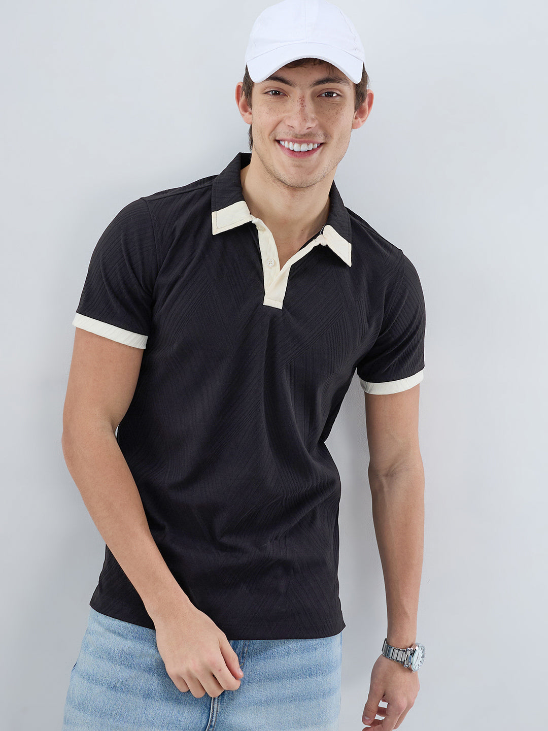 Black Chevron Contrast Polo Neck Knit T-shirt