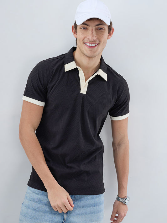 Black Chevron Contrast Polo Neck Knit T-shirt