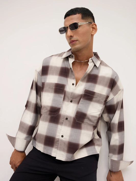 Brown & Grey Shadow Checks Boxy Fit Crop Utility Shirt