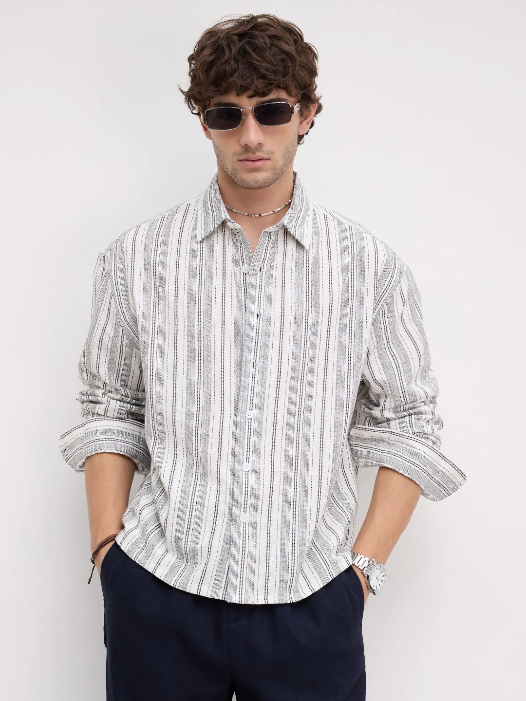 Refined Monochrome Striped Boxy Fit Crop Shirt