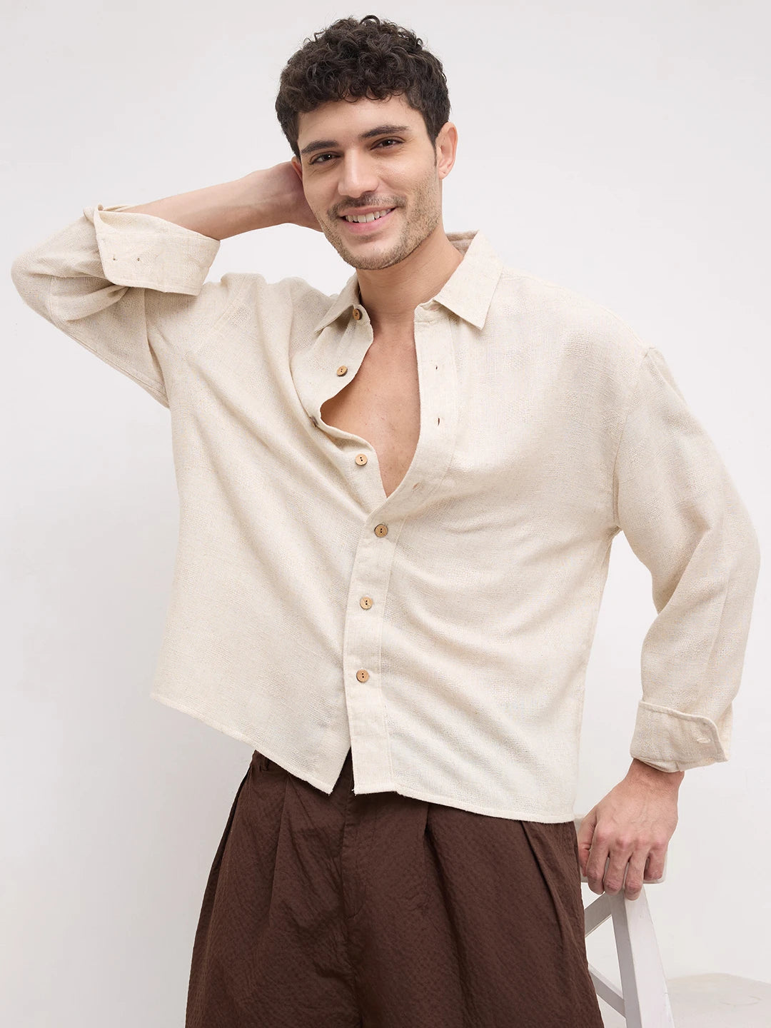 Sunbaked Canvas Loom Textured Boxy Fit Crop Shirt